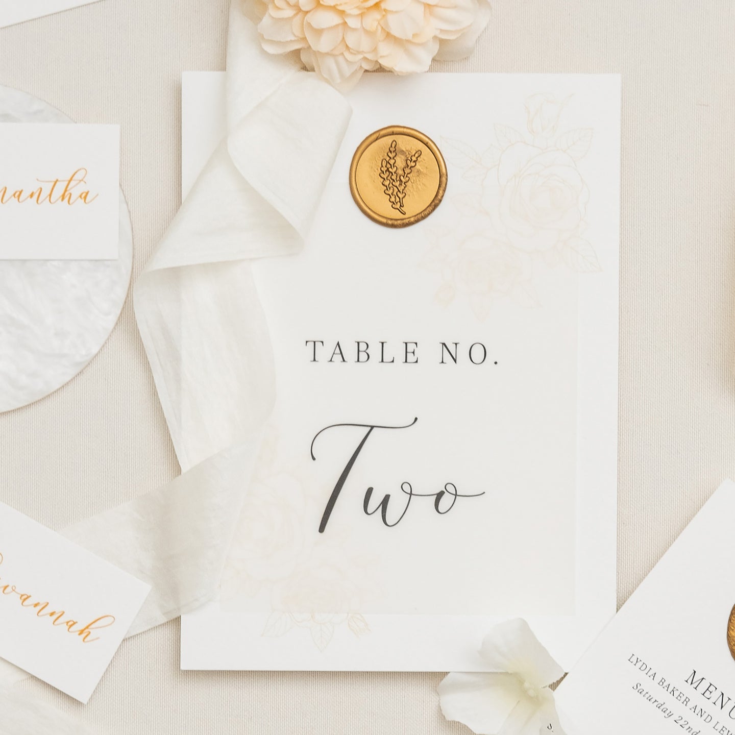 Table Number With Vellum And Gold Wax Seal